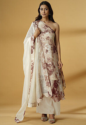 Digital Printed Georgette Asymmetric A Line Suit in Light Beige