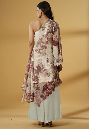 Digital Printed Georgette Asymmetric A Line Suit in Light Beige