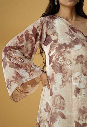 Digital Printed Georgette Asymmetric A Line Suit in Light Beige