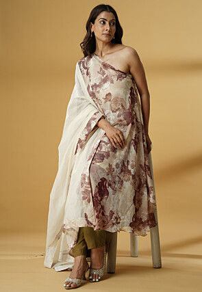 Digital Printed Georgette Asymmetric A Line Suit in Light Beige