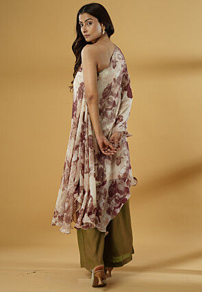 Digital Printed Georgette Asymmetric A Line Suit in Light Beige