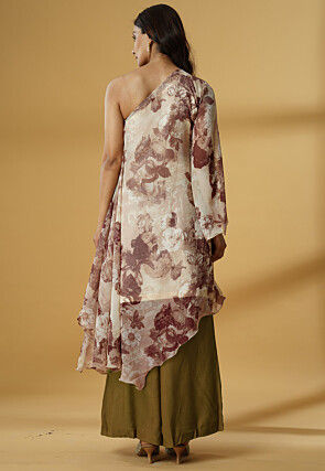 Digital Printed Georgette Asymmetric A Line Suit in Light Beige