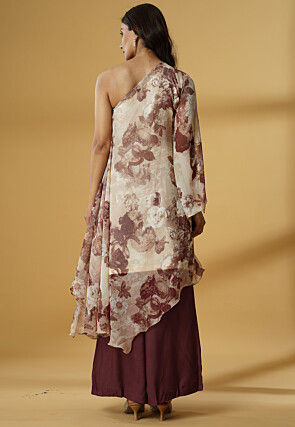 Digital Printed Georgette Asymmetric A Line Suit in Light Beige