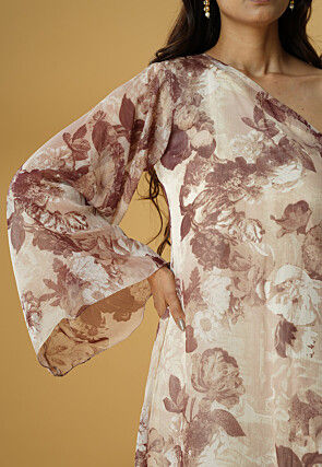 Digital Printed Georgette Asymmetric A Line Suit in Light Beige