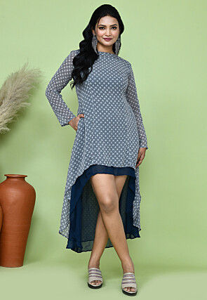 Digital Printed Georgette Asymmetric Dress in Blue