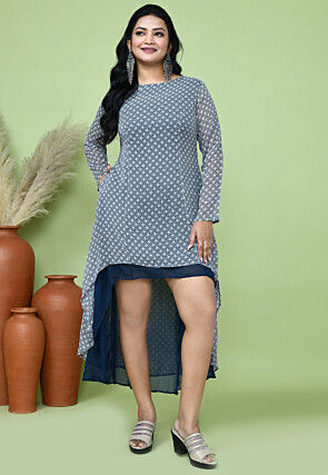Digital Printed Georgette Asymmetric Dress in Blue