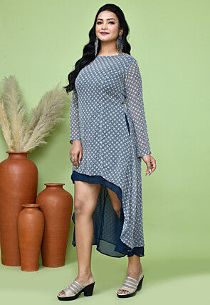 Digital Printed Georgette Asymmetric Dress in Blue