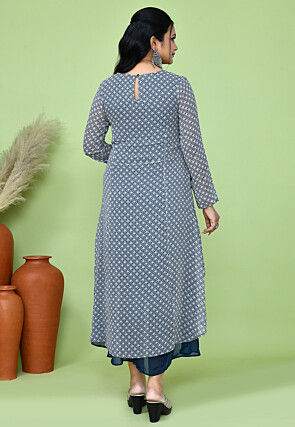 Digital Printed Georgette Asymmetric Dress in Blue