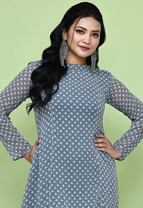 Digital Printed Georgette Asymmetric Dress in Blue