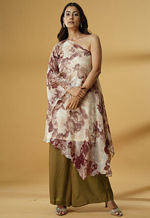 Digital Printed Georgette Asymmetric Kurta Set in Multicolor