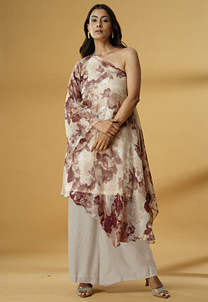 Digital Printed Georgette Asymmetric Kurta Set in Light Beige