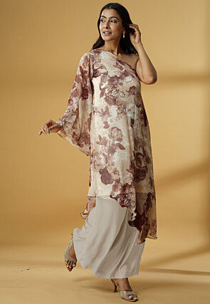 Digital Printed Georgette Asymmetric Kurta Set in Light Beige