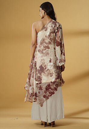 Digital Printed Georgette Asymmetric Kurta Set in Light Beige