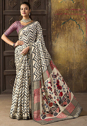Digital Printed Georgette Brasoo Saree in Off White