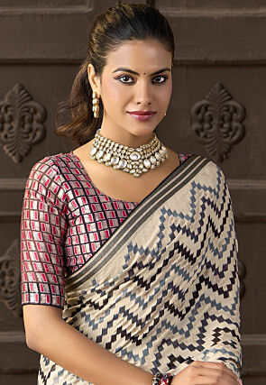 Digital Printed Georgette Brasoo Saree in Off White