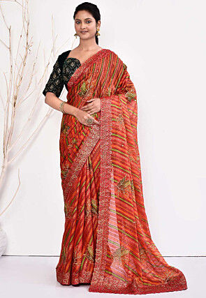 Digital Printed Georgette Brasso Saree in Coral Pink