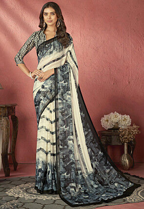Digital Printed Georgette Brasso Saree in Cream and Black