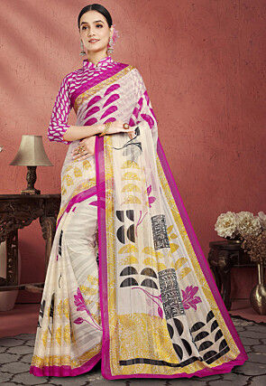 Digital Printed Georgette Brasso Saree in Cream and Multicolor