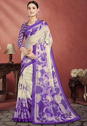 Digital Printed Georgette Brasso Saree in Cream