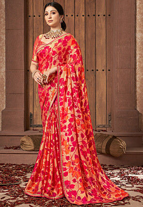 Digital Printed Georgette Brasso Saree in Pink and Golden