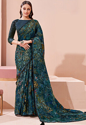Digital Printed Georgette Brasso Saree in Teal Blue