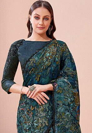 Digital Printed Georgette Brasso Saree in Teal Blue