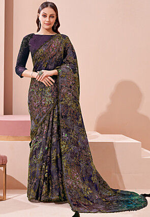 Digital Printed Georgette Brasso Saree in Wine
