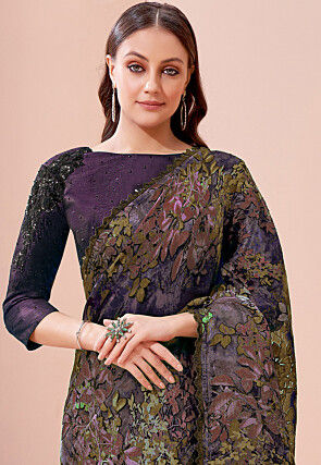 Digital Printed Georgette Brasso Saree in Wine