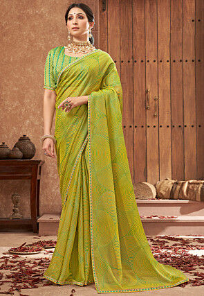 Digital Printed Georgette Brasso Saree in Yellow