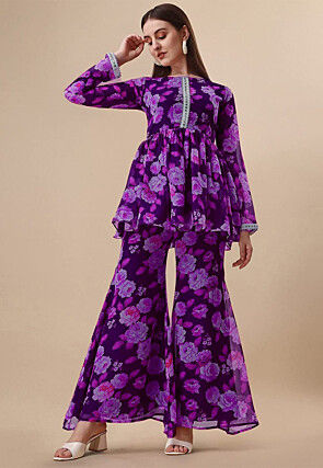 Digital Printed Georgette Co Or Set in Purple