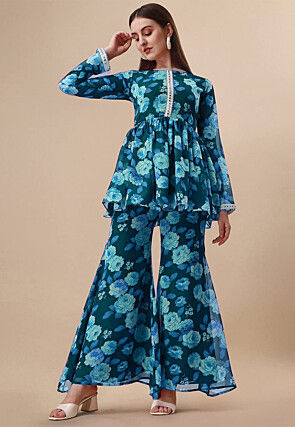 Digital Printed Georgette Co Or Set in Teal Blue