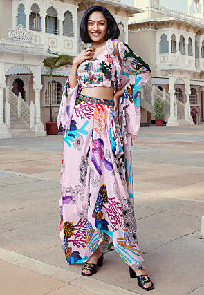 Digital Printed Georgette Co Ord Set in Baby Pink and Multicolor