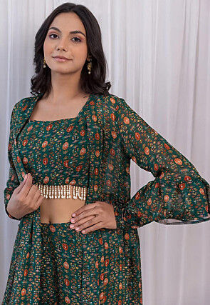 Digital Printed Georgette Co Ord Set in Dark Green