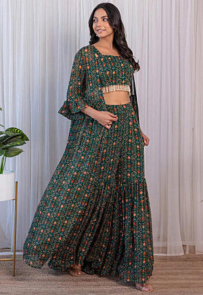 Digital Printed Georgette Co Ord Set in Dark Green