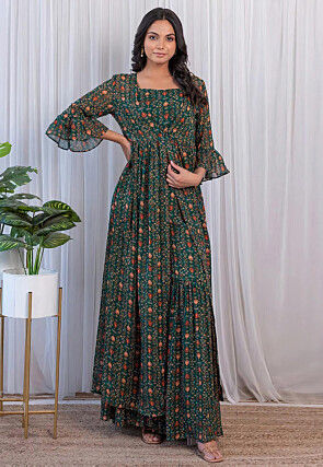 Digital Printed Georgette Co Ord Set in Dark Green