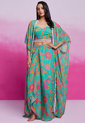 Digital Printed Georgette Co Ord Set in Teal Green