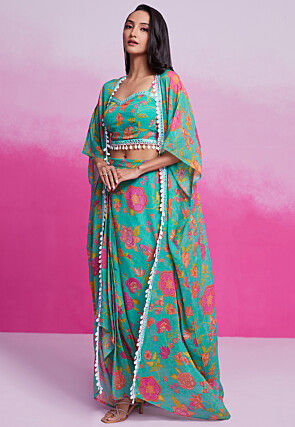 Digital Printed Georgette Co Ord Set in Teal Green