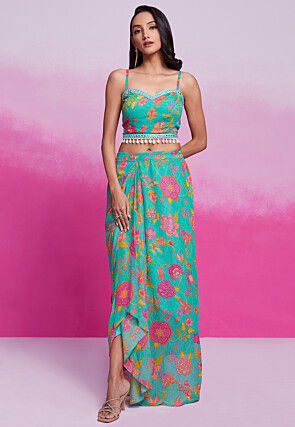 Digital Printed Georgette Co Ord Set in Teal Green