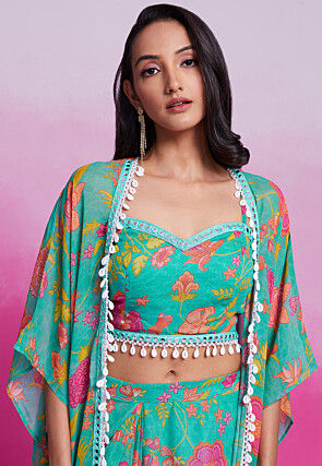 Digital Printed Georgette Co Ord Set in Teal Green