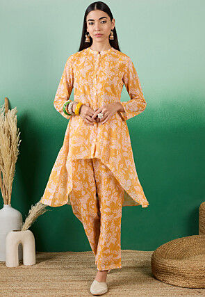 Digital Printed Georgette Asymmetric Co Ord Set in Yellow