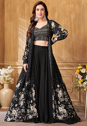 Digital Printed Georgette Crop Top Set in Black
