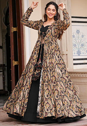 Digital Printed Georgette Crop Top Set in Black