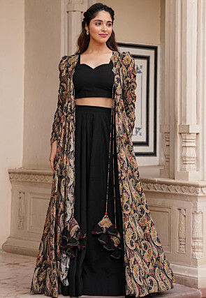 Digital Printed Georgette Crop Top Set in Black