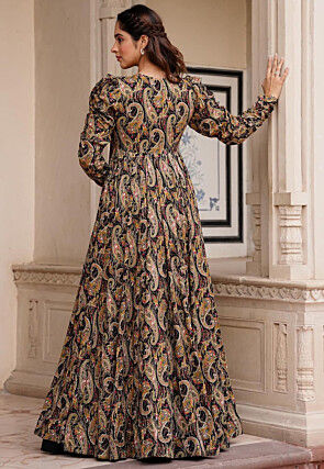 Digital Printed Georgette Crop Top Set in Black