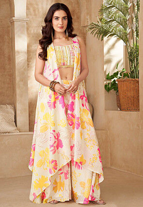 Digital Printed Georgette Crop Top Set in Cream