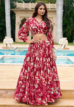Digital Printed Georgette Crop Top Set in Maroon
