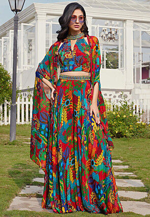 Digital Printed Georgette Crop Top Set in Multicolor