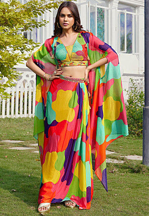 Digital Printed Georgette Crop Top Set in Multicolor