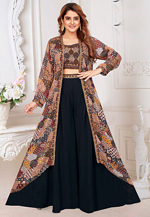 Digital Printed Georgette Crop Top Set in Multicolor