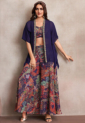 Digital Printed Georgette Crop Top Set in Multicolor